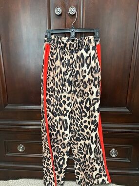 Leopard Print Wide-Leg Pants with Red Side Stripes